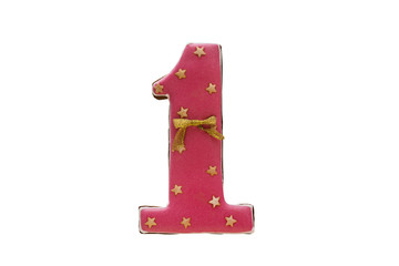 Pink number 1 cookie for the cake. Isolate on white background. Holidays and events