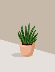 Succulent potted plant on a pastel colored background postcard. Abstract design hygge banner. Cactus potted succulent plant postcard. Cozy lagom scandinavian style illustration