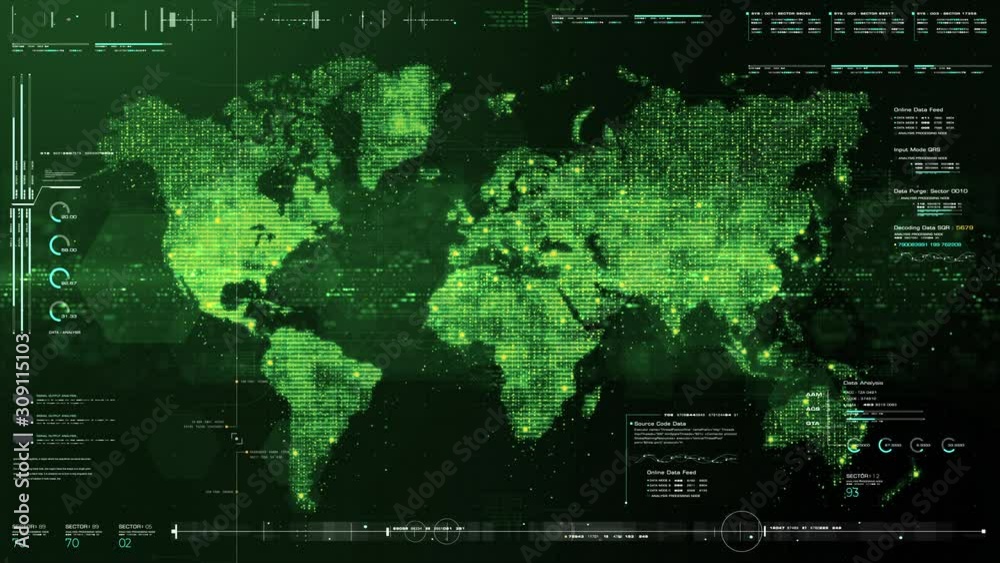 Poster Futuristic HUD global communication via broadband internet connections between cities around the world with matrix particles continent map for head up display background