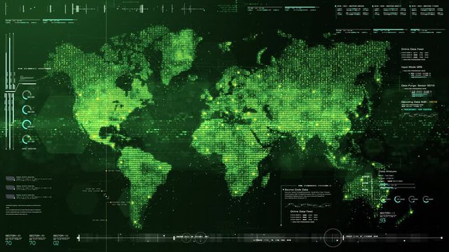 Futuristic HUD global communication via broadband internet connections between cities around the world with matrix particles continent map for head up display background