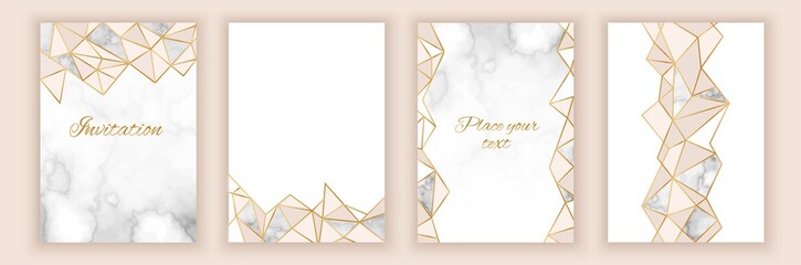 Golden brochure, invitation set, marble background in trendy minimalistic geometric style with gold lines, textures, granite, glitter, frame, vector fashion wallpaper, poster, cover