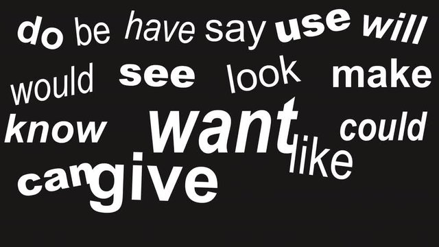 Words appear in white on a black background and with an alpha channel. Popular English verbs are used. Animation. Concept video backdrop for training, overlay, transition.