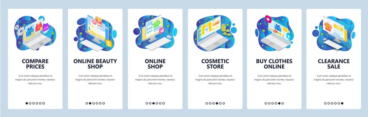 Mobile app onboarding screens. Online shopping and business isometric icons, online store, sale, price. Vector banner template for website and mobile development. Web site design flat illustration
