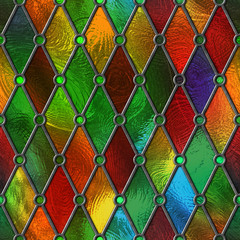 Naklejki  Bezszwowa tekstura witrażu, kolorowe szkło z wzorem rombu na okno, ilustracja 3d