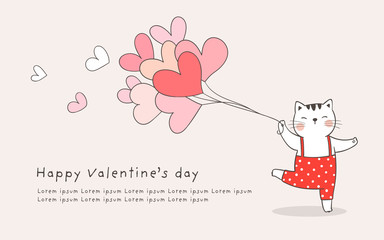 Draw banner of cat holding heart balloon for Valentine.