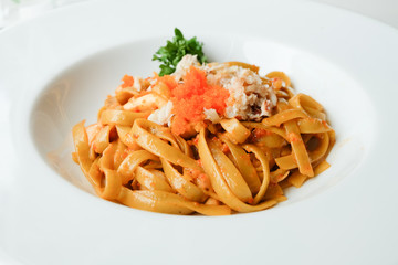 Crab Fettucini on white plate