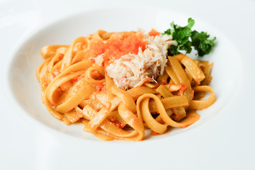 Crab Fettucini on white plate
