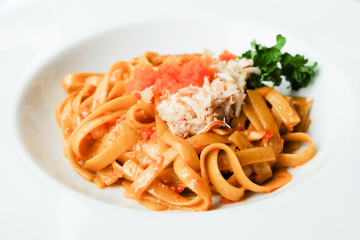 Crab Fettucini on white plate