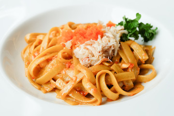 Crab Fettucini on white plate