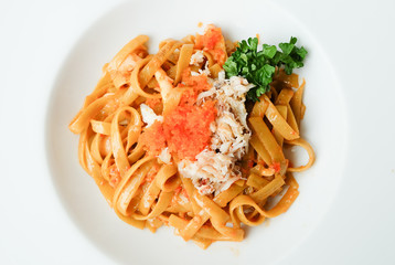 Crab Fettucini on white plate