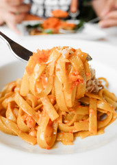 Crab Fettucini on white plate