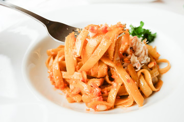 Crab Fettucini on white plate
