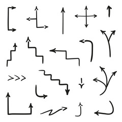 Hand drawn simple arrows. Set of different pointers. Abstract indicators. Black and white illustration