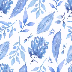Papier Peint photo Ensemble nature aquarelle Motif aquarelle sans couture avec fleurs et plumes dans des couleurs bleu tendance. couleur moderne. Motifs de décoration dessinés à la main avec décoration florale.