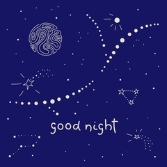 Fototapeta na wymiar Good night, hand drawn lettering. Pattern with the image of the cosmos.