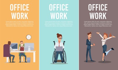 Businesspeople Office Work Trendy Flat Vector Vertical Banners, Posters Set. Company Employees Working on Computers, Woman in Wheelchair Using Laptop, Colleagues Celebrating Success Illustration