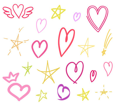Abstract hearts and stars on isolated white background. Hand drawn set. Sketchy elements