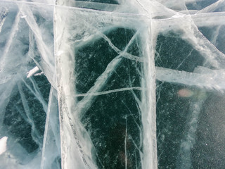 top view of big cracks on frozen Baikal lake