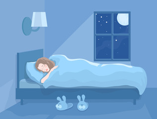 Woman sleeping at night in her bed. Lady cartoon character. Beautiful happy girl lying under the blanket
