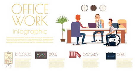 Business Company Employees Office Work Trendy Flat Vector Banner or Poster Template with Infographics. Male Entrepreneurs Team, Manager in Wheelchair Working with Colleagues in Office Illustration