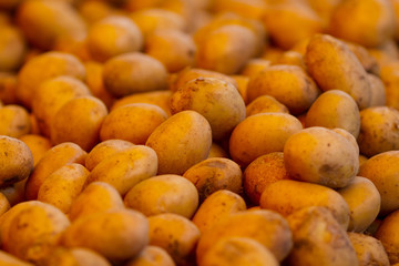 Close-up of fresh potatoes on display at farmer's market