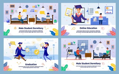 Fototapeta na wymiar Student Dormitory, Online Education, College Graduation Trendy Flat Vector Banners, Posters Templates Set. Female, Male Students Resting in Dorm, Learning, Celebrating Education Ending Illustration