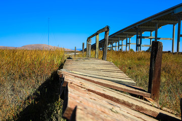 Obraz premium Old and broken wooden bridge path 