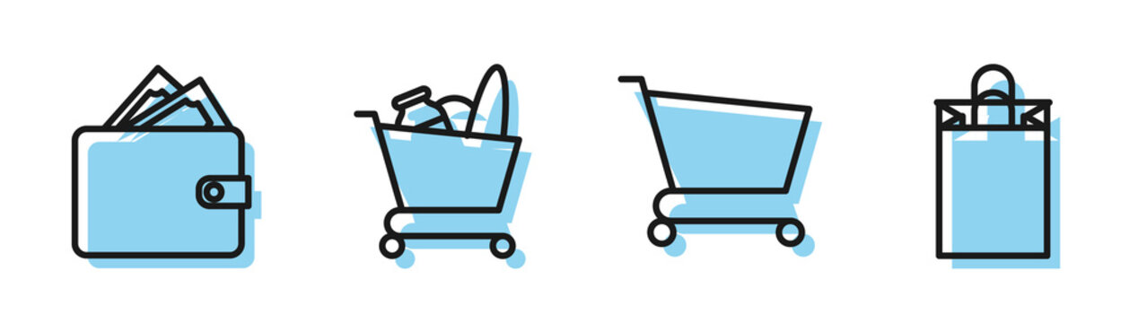 Set Line Shopping Cart, Wallet With Stacks Paper Money Cash, Shopping Cart And Food And Paper Shopping Bag Icon. Vector