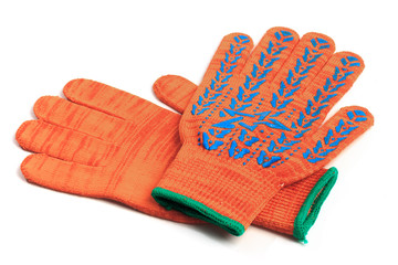 Orange work gloves isolated on white background - Image