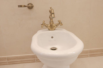 Fototapeta premium a bidet and a toilet stand in the bathroom
