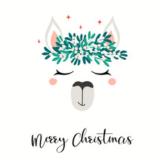 Hand drawn card with cute llama face in mistletoe crown, stars, text Merry Christmas. Vector illustration Isolated objects on white. Flat style design. Concept for holiday print, invite, gift tag. © Maria Skrigan