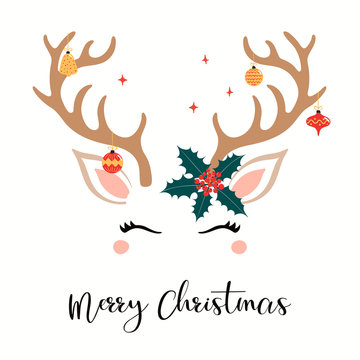 Hand drawn card with cute reindeer face, ornaments hanging from antlers, holly, stars, text Merry Christmas. Vector illustration Isolated objects on white. Flat style design. Concept for holiday print