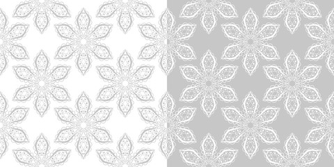 Monochrome seamless patterns compilation. Gray and white backgrounds in indian style