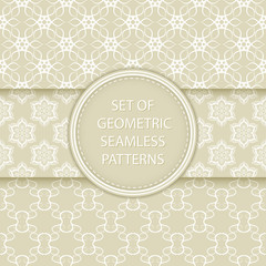 Compilation of seamless patterns. Oriental ethnic white prints on olive green background