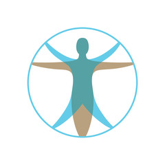 Modern vitruvian man. Sign of human figure enclosed in circle for illustration for medicine, science, health. Symbol of drawing of Leonardo da Vinci. Color flat icon on white background