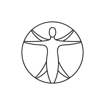 Contour vector icon of vitruvian man. Sign of human figure enclosed in circle for illustration for symmetry and balance. Line art black and white isolated emblem. Leonardo picture