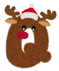 3D “Brown Reindeer wool fur feather letter” creative decorative with Red Christmas hat, Character Q isolated in white background has clipping path. Design font for Christmas holiday concept.