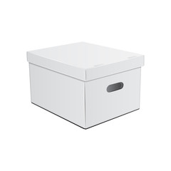 Open white cardboard box with holes for hands. For storage or other purpose. Vector illustration