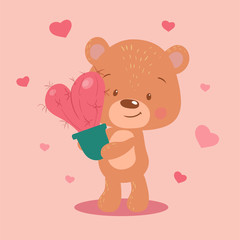 Fototapeta na wymiar Cute cartoon bear with a heart-shaped cactus for Valentine's Day. Vector illustration
