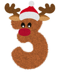 3D “Brown Reindeer wool fur feather Number Charactor” creative decorative with Red Christmas hat, Number 3 isolated in white background has clipping path. Design font for Christmas holiday concept.