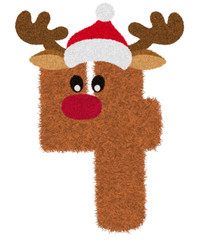 3D “Brown Reindeer wool fur feather Number Charactor” creative decorative with Red Christmas hat, Number 4 isolated in white background has clipping path. Design font for Christmas holiday concept.