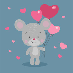 Cute cartoon mouse with heart shaped balloons for Valentine's Day. Vector illustration