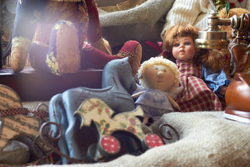 Suitcase with toys and dolls (Teddy bear) . Vintage style