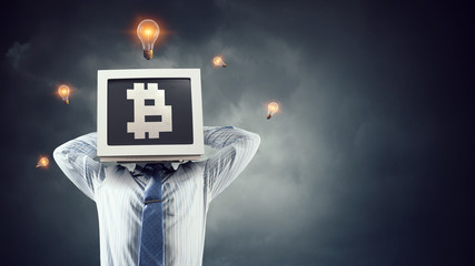 Monitor headed businessman. Mixed media