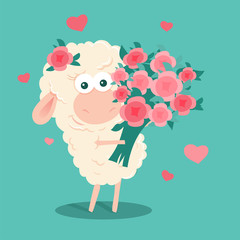Cute cartoon sheep with a bouquet of roses for Valentine's Day. Vector illustration