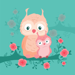Cute cartoon owls mom and baby on a branch with roses for Valentine's Day. Vector illustration