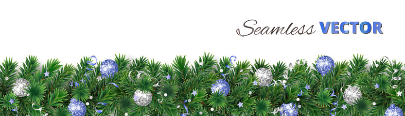 Vector Christmas decoration. Pine tree garland with blue and silver ornaments