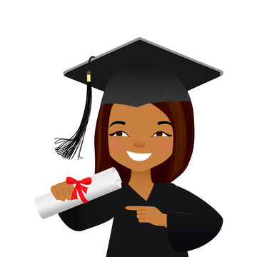 Vector illustration of graduating young student. Cute girl in graduate gown and mortarboard, squeare academic cap in cartoon style.