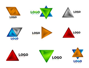 Set of triangle icon geometric logo templates. Minimal geometrical designs, 3d geometric bold symbols in relief style with color blend steps effect. Vector Illustrations For Button, Banner, Background