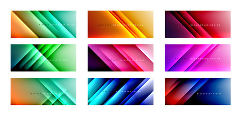 Straight lines with shadows and light on gradient backgrounds. Set of trendy simple fluid color gradient abstract backgrounds with dynamic straight shadow line effect.